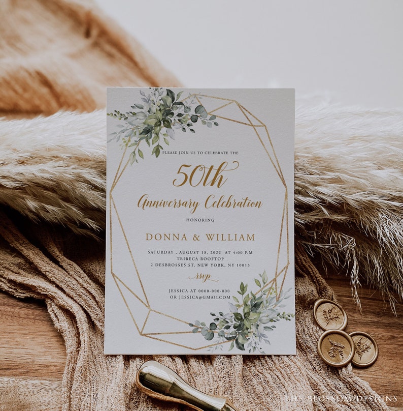 50th Anniversary Invitation, Greenery Wedding Anniversary Invite, Wedding Anniversary Invitation Printable, Editable Template, EAC195