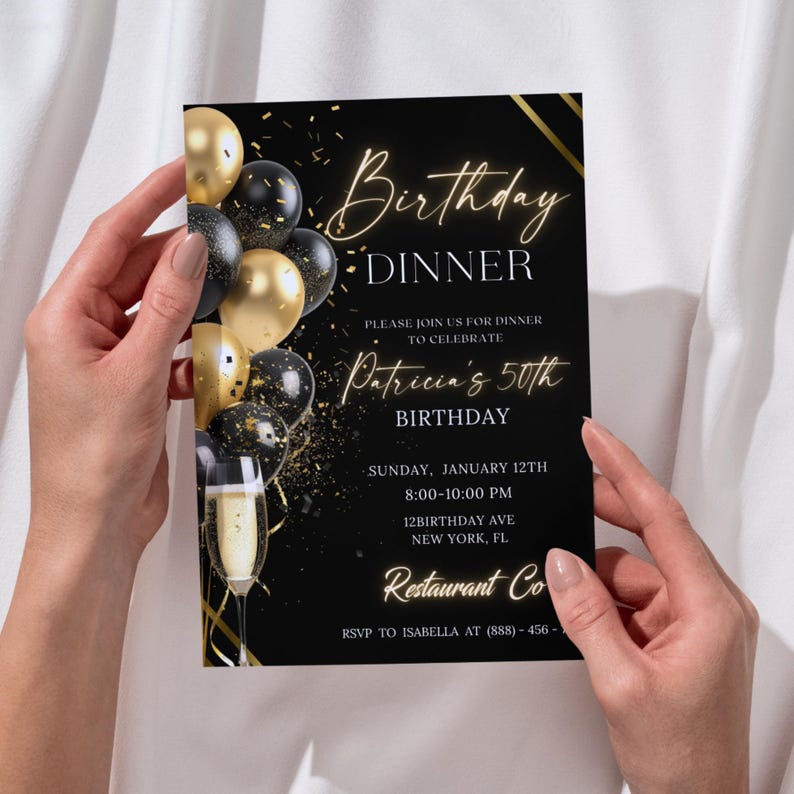 Digital Birthday Dinner Invitation Template, Black Tie Glam Invite, Animated Black Golden Diamond Evite For Men & Women, Self Editable eCard
