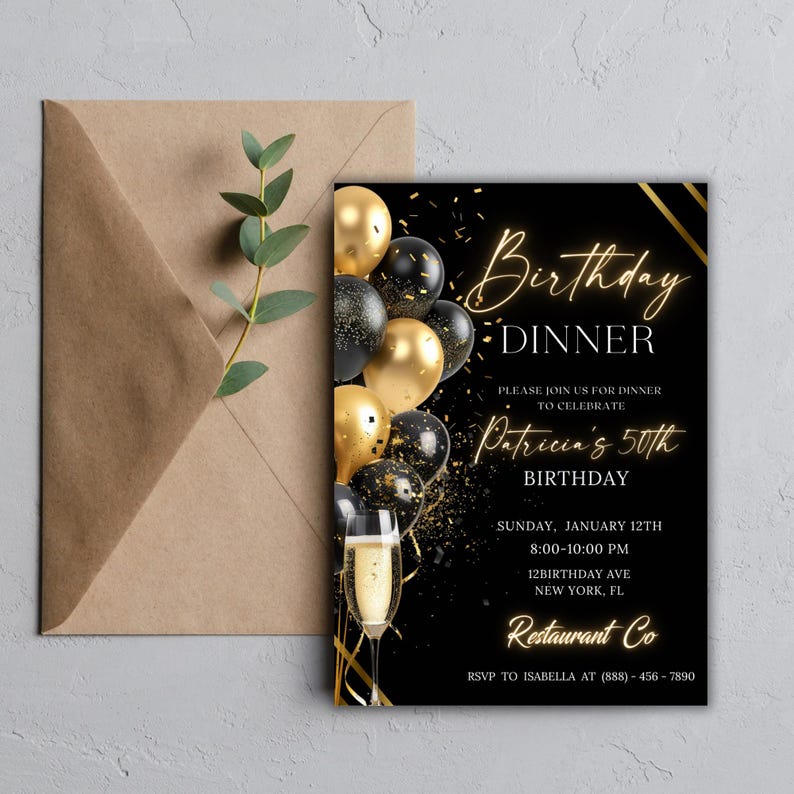Digital Birthday Dinner Invitation Template, Black Tie Glam Invite, Animated Black Golden Diamond Evite For Men & Women, Self Editable eCard