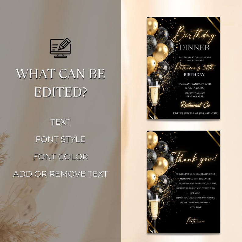 Digital Birthday Dinner Invitation Template, Black Tie Glam Invite, Animated Black Golden Diamond Evite For Men & Women, Self Editable eCard