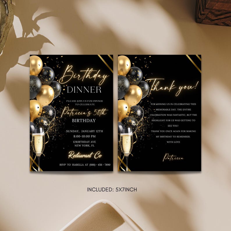 Digital Birthday Dinner Invitation Template, Black Tie Glam Invite, Animated Black Golden Diamond Evite For Men & Women, Self Editable eCard