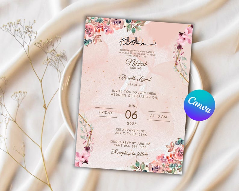 Editable Islamic Nikkah Invitation Template, Luxury Floral Nikkah Invitation, Muslim Wedding Invite, Reception Walima Invite, Canva Template