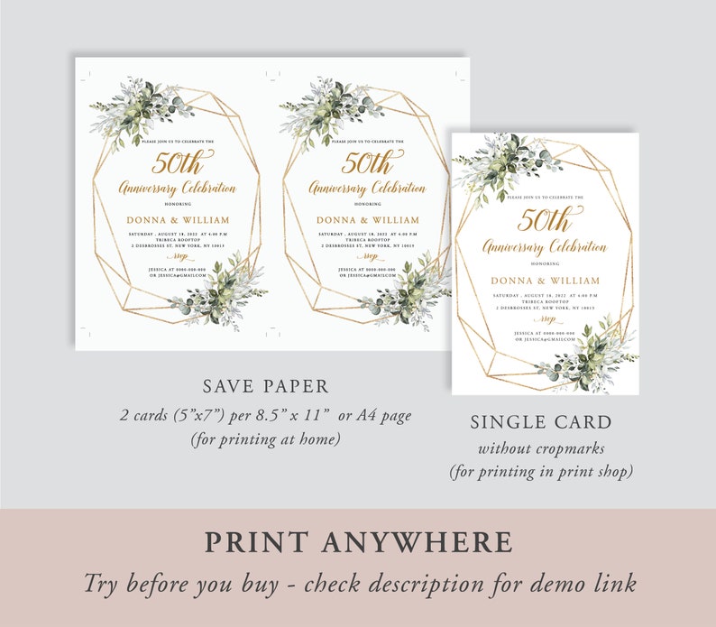 50th Anniversary Invitation, Greenery Wedding Anniversary Invite, Wedding Anniversary Invitation Printable, Editable Template, EAC195