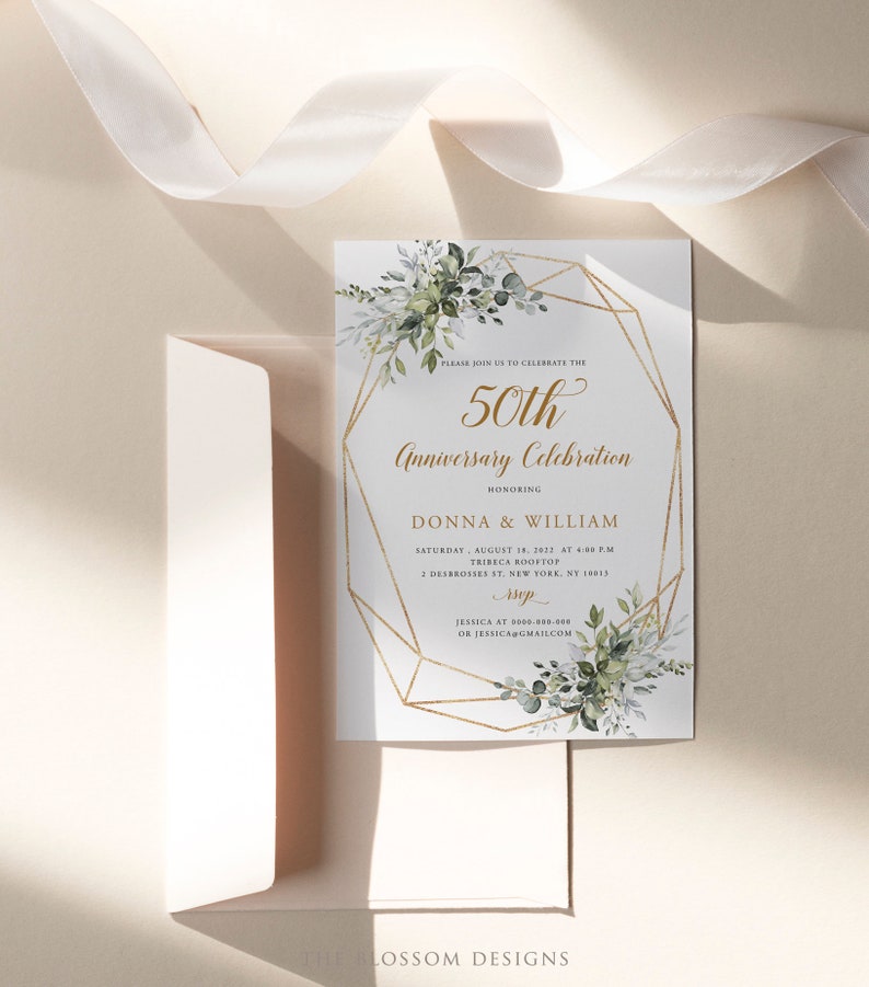 50th Anniversary Invitation, Greenery Wedding Anniversary Invite, Wedding Anniversary Invitation Printable, Editable Template, EAC195
