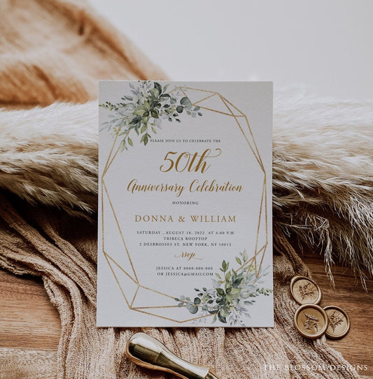 50th Anniversary Invitation, Greenery Wedding Anniversary Invite, Wedding Anniversary Invitation Printable, Editable Template, EAC195