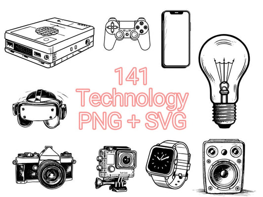 Technology SVG Bundle - 141 Designs | SVG and PNG | High Resolution | Modern & Minimalist | Popular Technology Gadgets and Devices