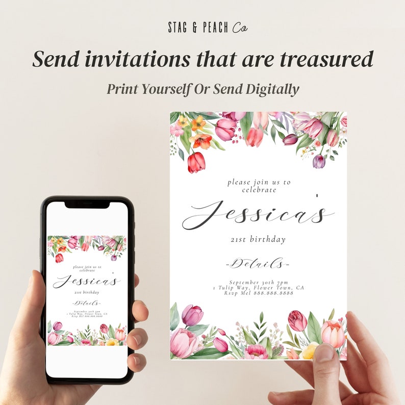 Tulip Birthday Party Invitation, Floral Birthday Invite, Garden Birthday, Watercolor Flowers, Spring Birthday, Summer, Editable Download
