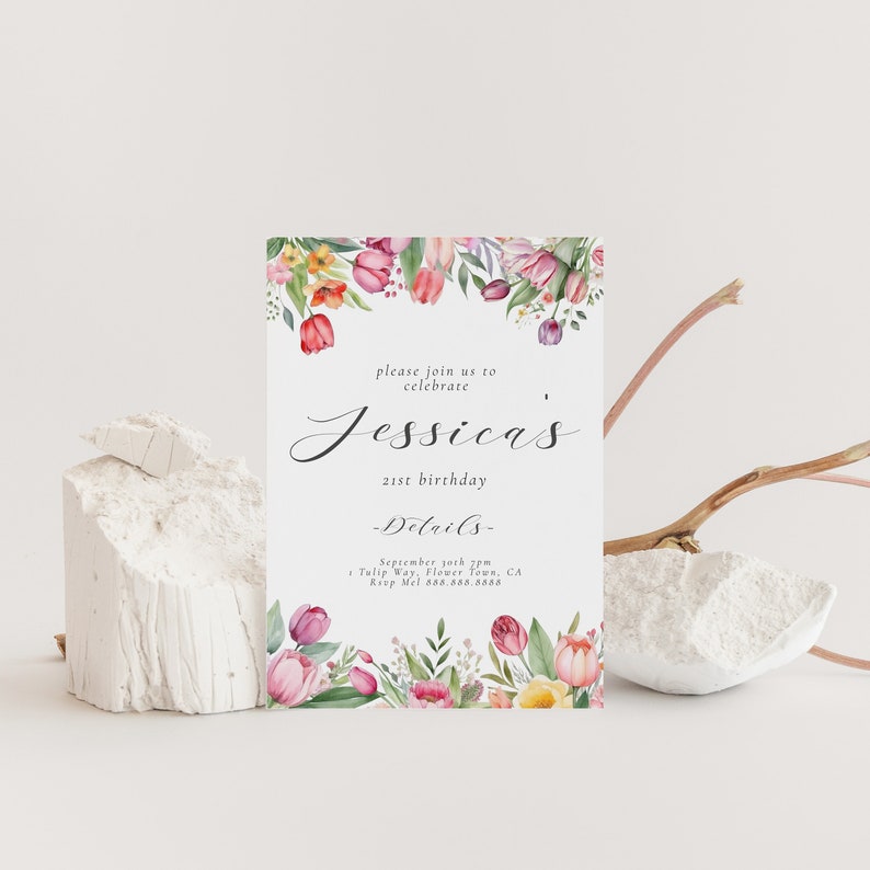 Tulip Birthday Party Invitation, Floral Birthday Invite, Garden Birthday, Watercolor Flowers, Spring Birthday, Summer, Editable Download