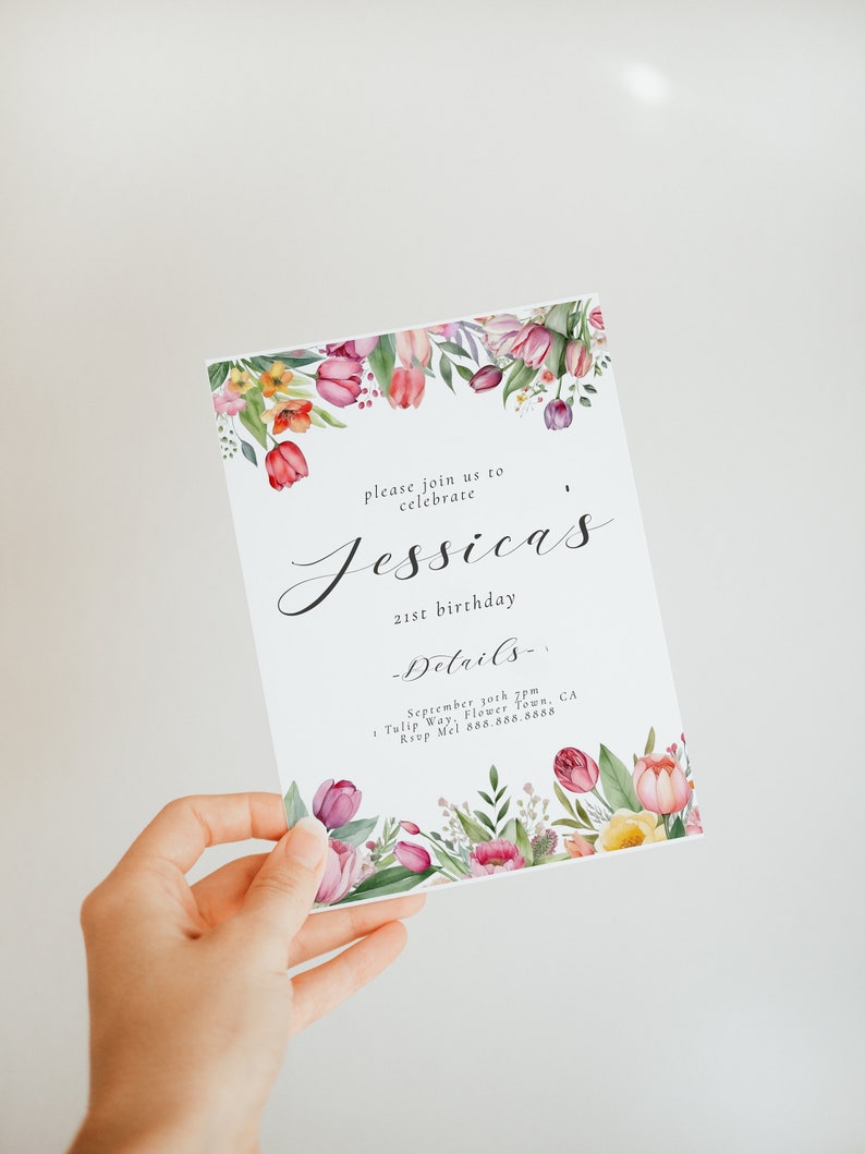 Tulip Birthday Party Invitation, Floral Birthday Invite, Garden Birthday, Watercolor Flowers, Spring Birthday, Summer, Editable Download