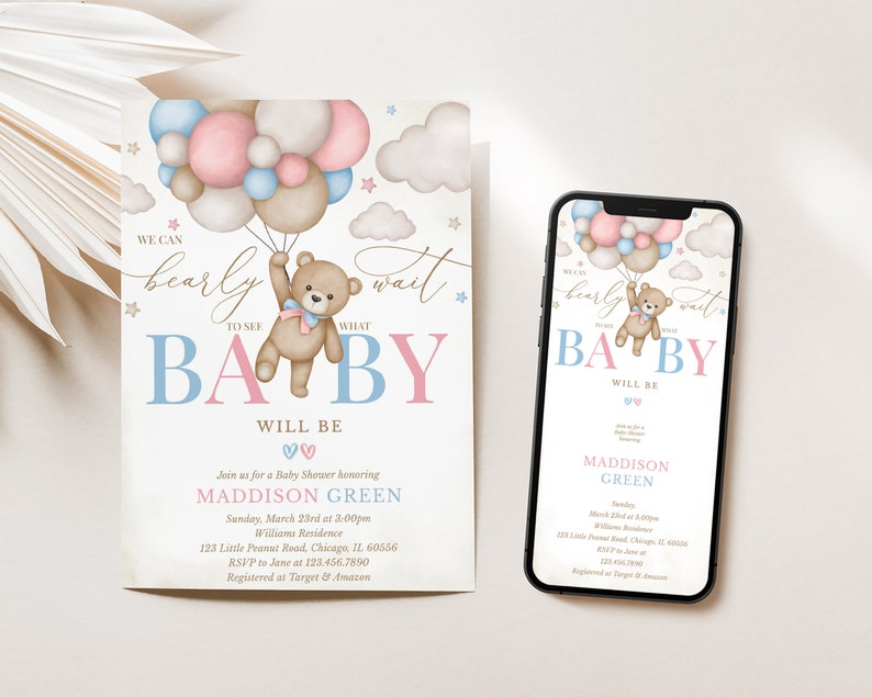 Editable Gender Revel Bear Baby Shower Invitation, Girl Boy We Can Bearly Wait Baby Shower Invite, Pink Blue Boho Bear Shower Shower, BBS824
