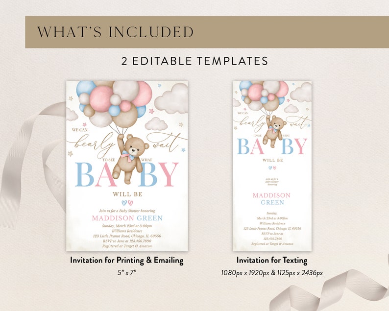 Editable Gender Revel Bear Baby Shower Invitation, Girl Boy We Can Bearly Wait Baby Shower Invite, Pink Blue Boho Bear Shower Shower, BBS824