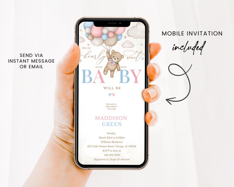 Editable Gender Revel Bear Baby Shower Invitation, Girl Boy We Can Bearly Wait Baby Shower Invite, Pink Blue Boho Bear Shower Shower, BBS824