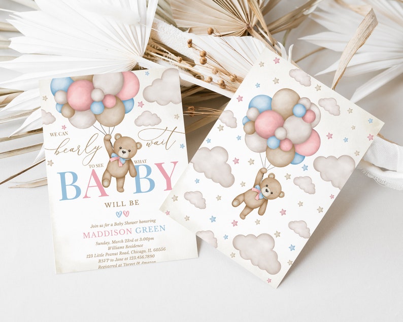 Editable Gender Revel Bear Baby Shower Invitation, Girl Boy We Can Bearly Wait Baby Shower Invite, Pink Blue Boho Bear Shower Shower, BBS824