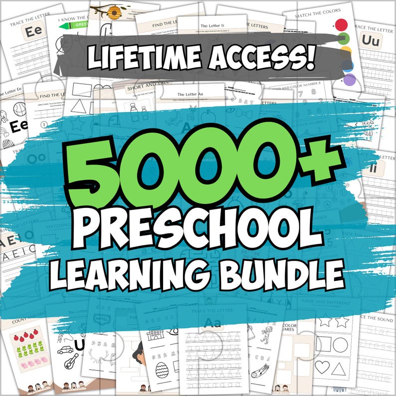 5000+ Preschool Pre-K + Kindergarten Learning Bundle, Activity Worksheets, Alphabet, Numbers, Shapes, Colors, Coloring pages, Do a Dot