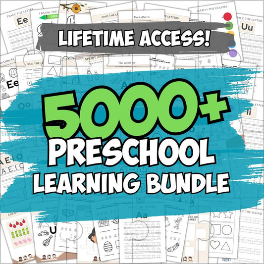 5000+ Preschool Pre-K + Kindergarten Learning Bundle, Activity Worksheets, Alphabet, Numbers, Shapes, Colors, Coloring pages, Do a Dot