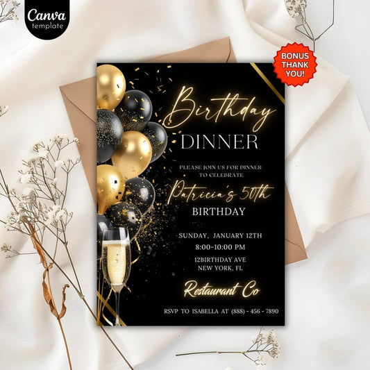 Digital Birthday Dinner Invitation Template, Black Tie Glam Invite, Animated Black Golden Diamond Evite For Men & Women, Self Editable eCard