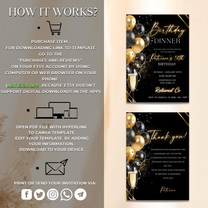 Digital Birthday Dinner Invitation Template, Black Tie Glam Invite, Animated Black Golden Diamond Evite For Men & Women, Self Editable eCard