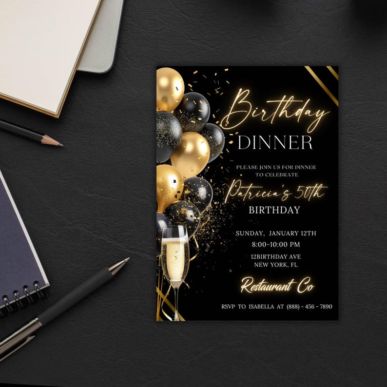 Digital Birthday Dinner Invitation Template, Black Tie Glam Invite, Animated Black Golden Diamond Evite For Men & Women, Self Editable eCard
