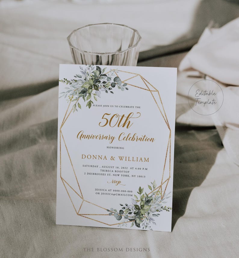 50th Anniversary Invitation, Greenery Wedding Anniversary Invite, Wedding Anniversary Invitation Printable, Editable Template, EAC195