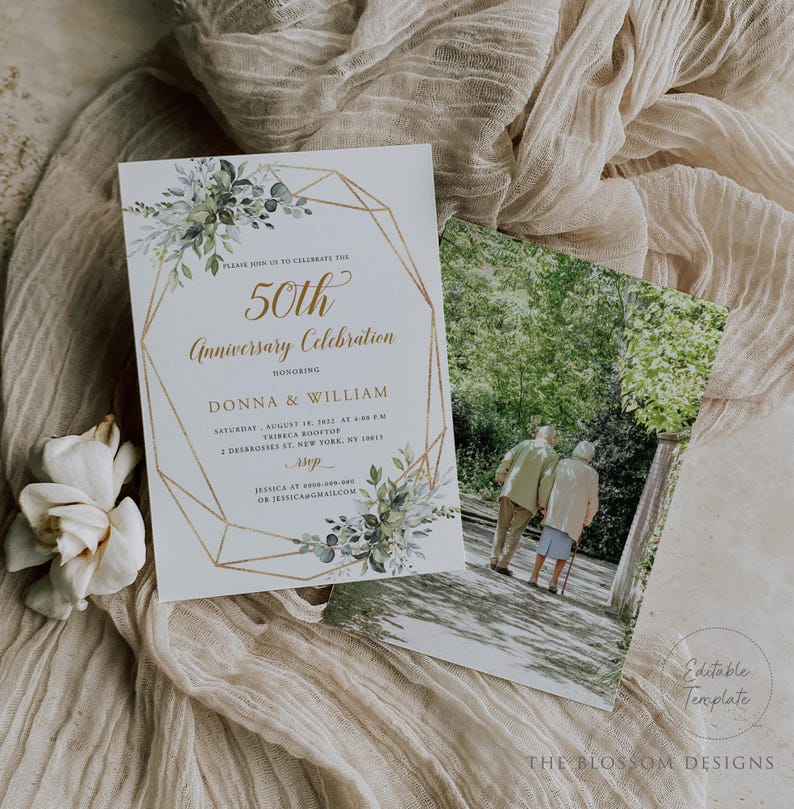 50th Anniversary Invitation, Greenery Wedding Anniversary Invite, Wedding Anniversary Invitation Printable, Editable Template, EAC195