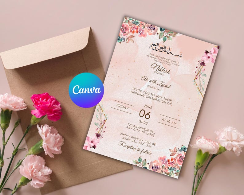 Editable Islamic Nikkah Invitation Template, Luxury Floral Nikkah Invitation, Muslim Wedding Invite, Reception Walima Invite, Canva Template