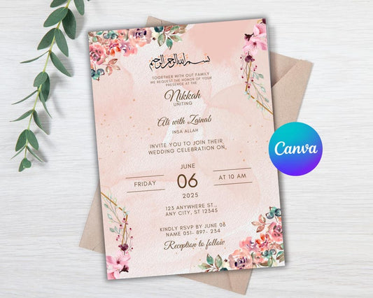 Editable Islamic Nikkah Invitation Template, Luxury Floral Nikkah Invitation, Muslim Wedding Invite, Reception Walima Invite, Canva Template