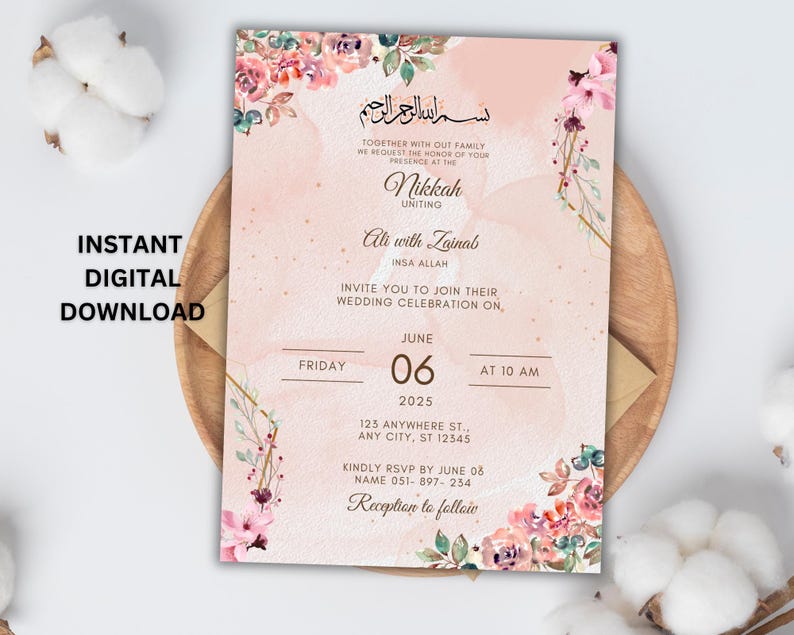 Editable Islamic Nikkah Invitation Template, Luxury Floral Nikkah Invitation, Muslim Wedding Invite, Reception Walima Invite, Canva Template