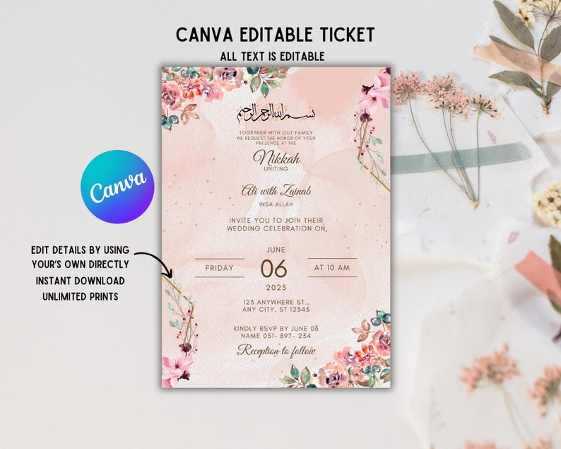 Editable Islamic Nikkah Invitation Template, Luxury Floral Nikkah Invitation, Muslim Wedding Invite, Reception Walima Invite, Canva Template