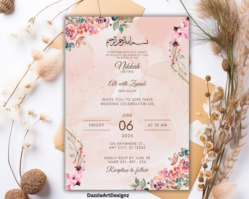 Editable Islamic Nikkah Invitation Template, Luxury Floral Nikkah Invitation, Muslim Wedding Invite, Reception Walima Invite, Canva Template
