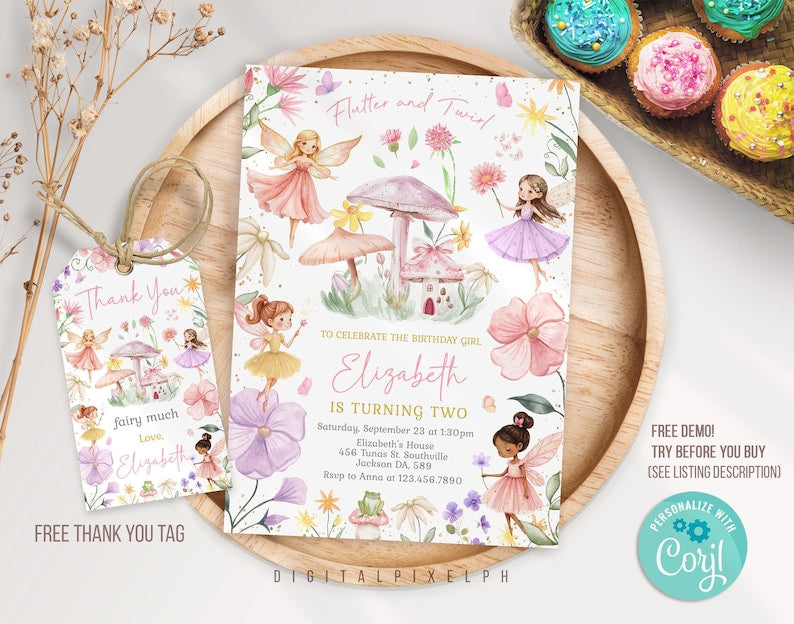Editable Fairy Birthday Invitation, Fairy Birthday Invitation, Fairy Invitation, Fairy thank you tag, Fairy Invitation Editable Template M3L