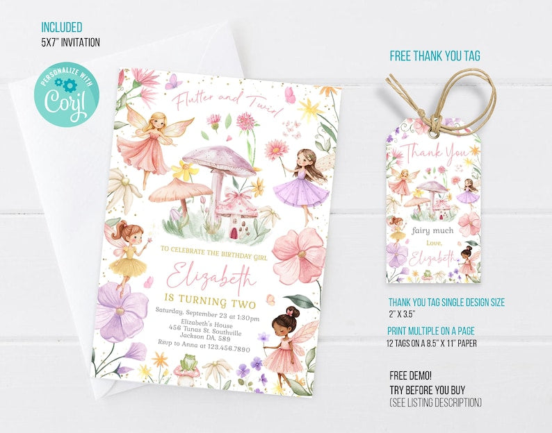 Editable Fairy Birthday Invitation, Fairy Birthday Invitation, Fairy Invitation, Fairy thank you tag, Fairy Invitation Editable Template M3L
