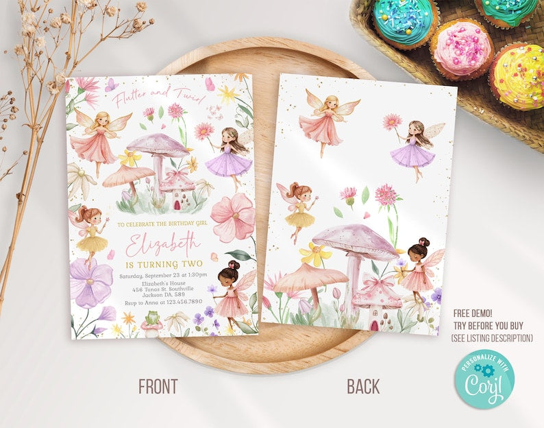 Editable Fairy Birthday Invitation, Fairy Birthday Invitation, Fairy Invitation, Fairy thank you tag, Fairy Invitation Editable Template M3L