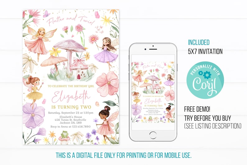 Editable Fairy Birthday Invitation, Fairy Birthday Invitation, Fairy Invitation, Fairy thank you tag, Fairy Invitation Editable Template M3L