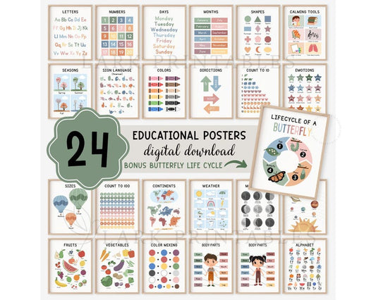 Educational Posters DIGITAL DOWNLOAD, Toddler Learning Posters, ABC Poster Playroom Printable Decor Alphabet Poster Kids Wall Art Homeschool