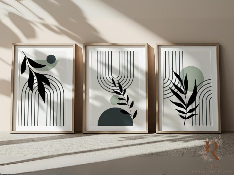 Boho Printable Wall Art Prints Set of 3, ModernBoho Wall Art Home Decor, Botanical Line Art, Geometric Wall Art Design, Digital Wall Art