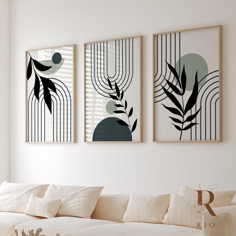 Boho Printable Wall Art Prints Set of 3, ModernBoho Wall Art Home Decor, Botanical Line Art, Geometric Wall Art Design, Digital Wall Art