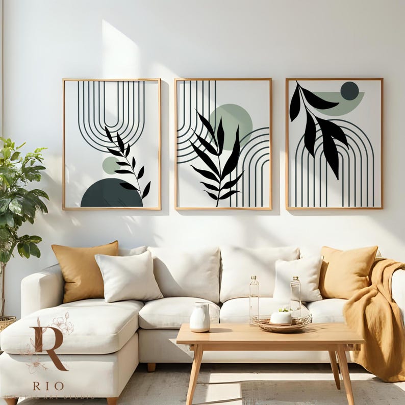 Boho Printable Wall Art Prints Set of 3, ModernBoho Wall Art Home Decor, Botanical Line Art, Geometric Wall Art Design, Digital Wall Art