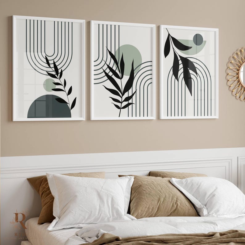 Boho Printable Wall Art Prints Set of 3, ModernBoho Wall Art Home Decor, Botanical Line Art, Geometric Wall Art Design, Digital Wall Art